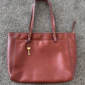 Fossil Leather Tote Bag Shoulder Bag Camel Brown